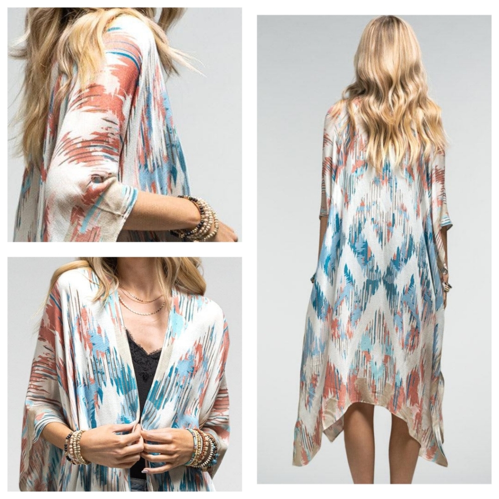 Artistic Southwest Diamond Patterned Kimono - Lightweight Silky Material